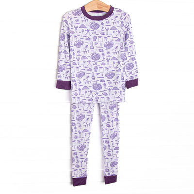 This set is made of the extremely soft, stretchy bamboo viscose fabric that feels like butter and features a purple football print.