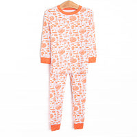 This set is made of the extremely soft, stretchy bamboo viscose fabric that feels like butter and features an orange football print.