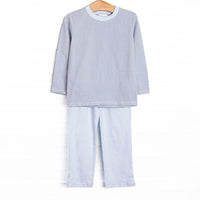 This set features slate blue stripe knit fabric, long sleeves, and pale blue trim. Coordinating pale blue pants to match.