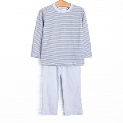 This set features slate blue stripe knit fabric, long sleeves, and pale blue trim. Coordinating pale blue pants to match.