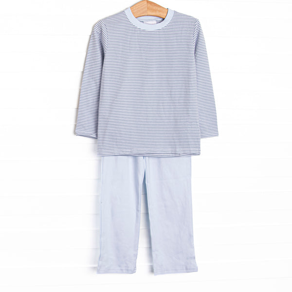 This set features slate blue stripe knit fabric, long sleeves, and pale blue trim. Coordinating pale blue pants to match.