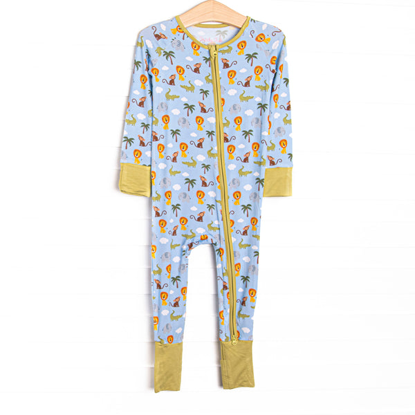 This zippy features extremely soft, stretchy bamboo viscose fabric that feels like butter and a blue safari animal print.
