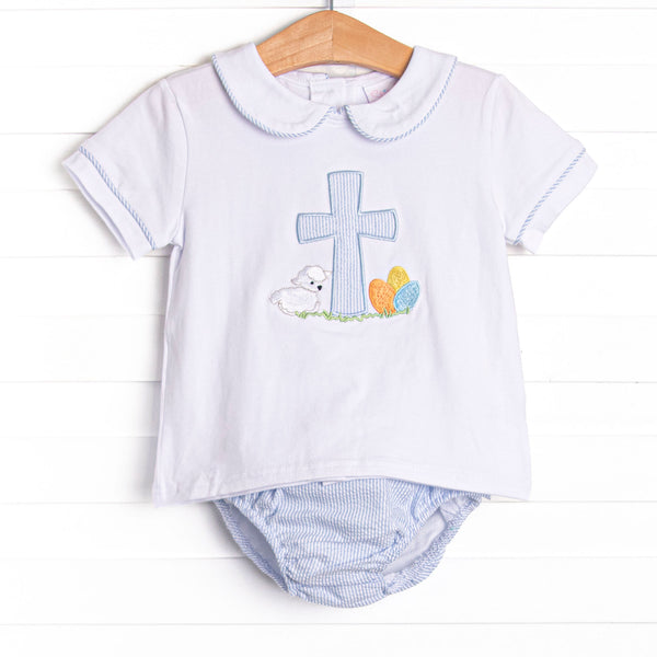 Sunday Gathering Applique Diaper Set, Blue