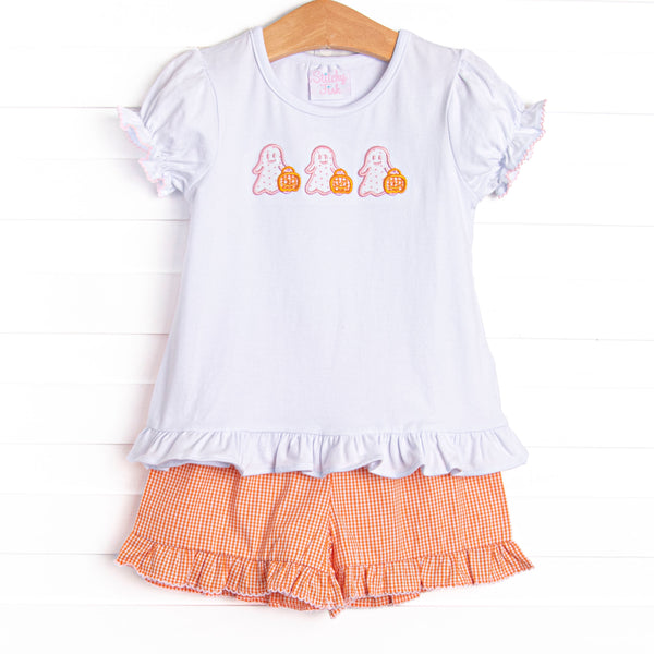 Little Ghosts Applique Ruffle Short Set, Orange