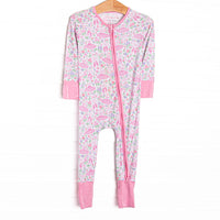  This zippy is made of the extremely soft, stretchy bamboo viscose fabric that feels like butter and features a pink ballerina print. 