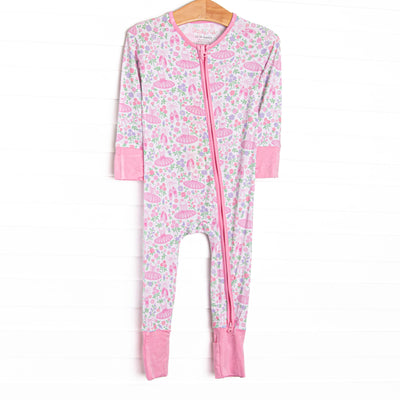  This zippy is made of the extremely soft, stretchy bamboo viscose fabric that feels like butter and features a pink ballerina print. 