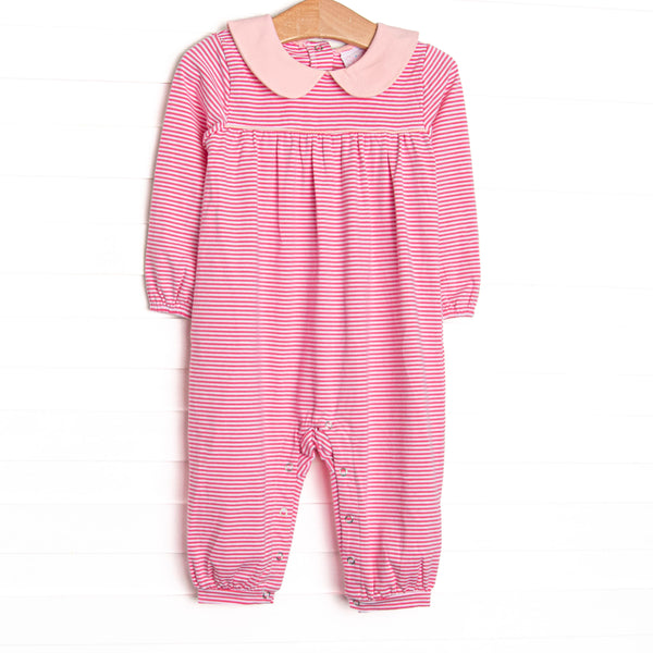 This romper features pink knit striped fabric, a pink Pete Pan collar, and long sleeves.