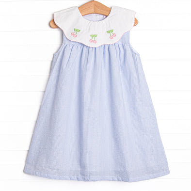 Tart Trio Embroidered Dress, Blue Seersucker Stitchy Fish Tart Trio Embroidered Dress, Blue Seersucker Stitchy Fish