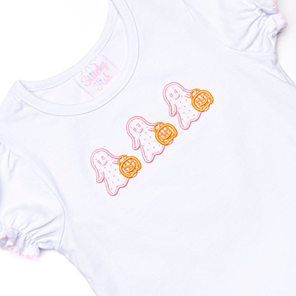 Little Ghosts Applique Ruffle Top, White