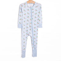 This zippy features extremely soft, stretchy bamboo viscose fabric that feels like butter and a blue duck print.
