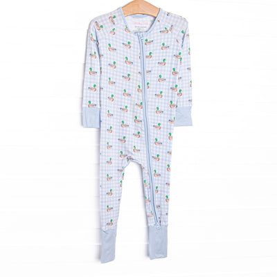 This zippy features extremely soft, stretchy bamboo viscose fabric that feels like butter and a blue duck print.