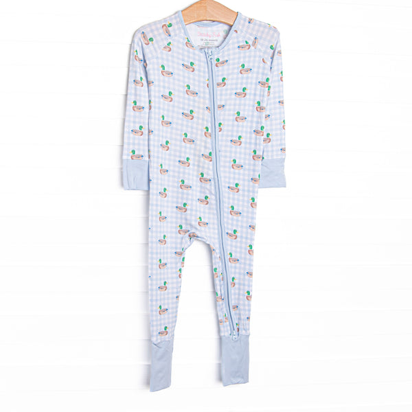 This zippy features extremely soft, stretchy bamboo viscose fabric that feels like butter and a blue duck print.