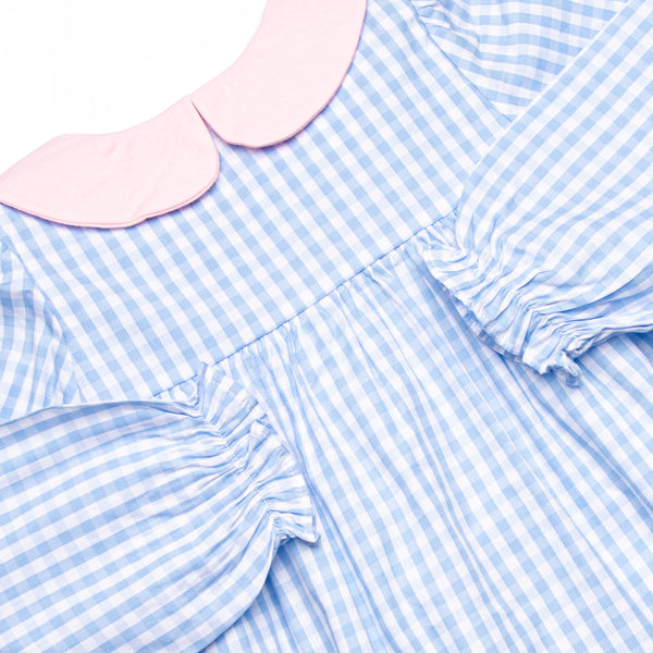 Bethany Blue Check Long Sleeve Collared Bubble, Blue