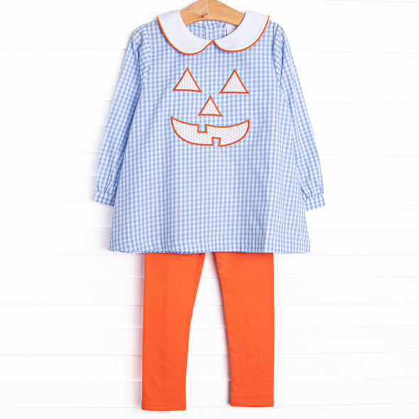 Cozy Carving Applique Legging Set, Blue Gingham