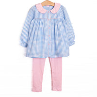 This set features a blue check fabric, a pink Peter Pan collar, and pink front buttons. Coordinating pink leggings to match.