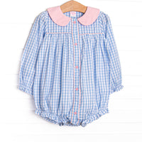This bubble features a blue check fabric, a pink Peter Pan collar, and pink front buttons.