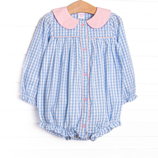 This bubble features a blue check fabric, a pink Peter Pan collar, and pink front buttons.