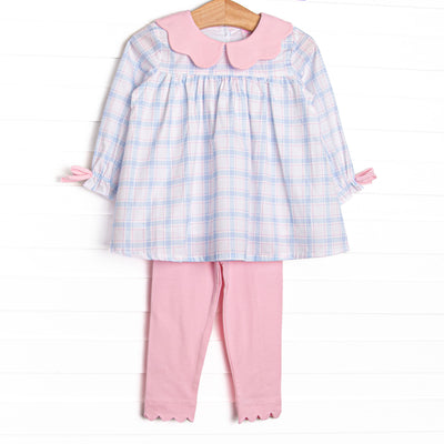 This set features a blue and pink plaid fabric, a pink scalloped collar, and pink sleeve ties. Coordinating pink leggings to match.