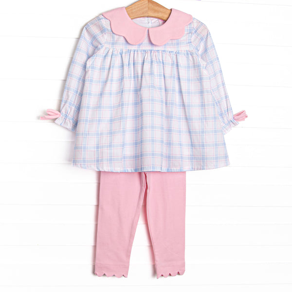 This set features a blue and pink plaid fabric, a pink scalloped collar, and pink sleeve ties. Coordinating pink leggings to match.