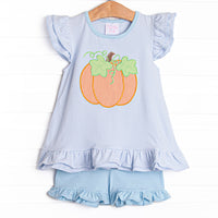 Piper Pumpkin Applique Ruffle Short Set, Blue