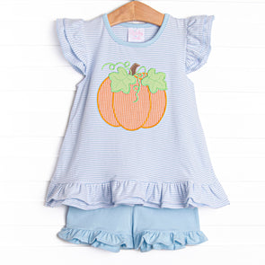 Piper Pumpkin Applique Ruffle Short Set, Blue