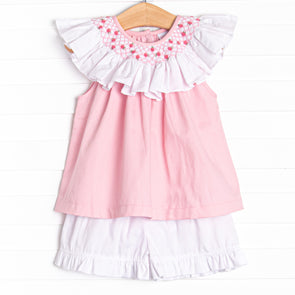 Porcelain Petals Smocked Short Set, Pink