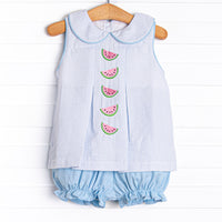 Watermelon Whimsy Embroidered Bloomer Set, Blue