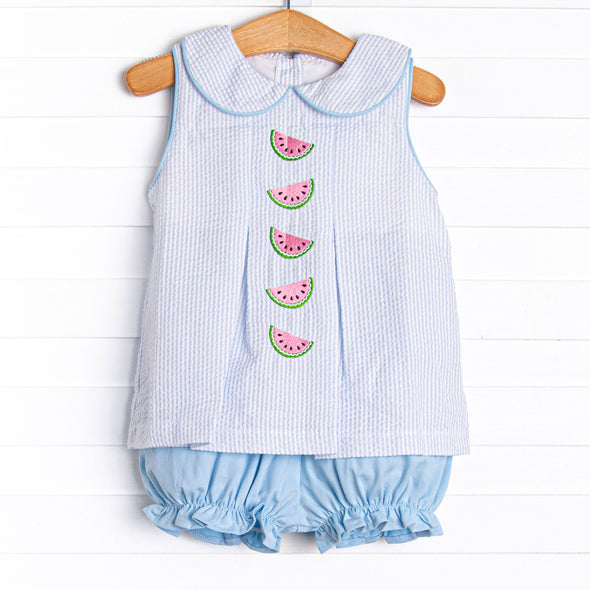 Watermelon Whimsy Embroidered Bloomer Set, Blue