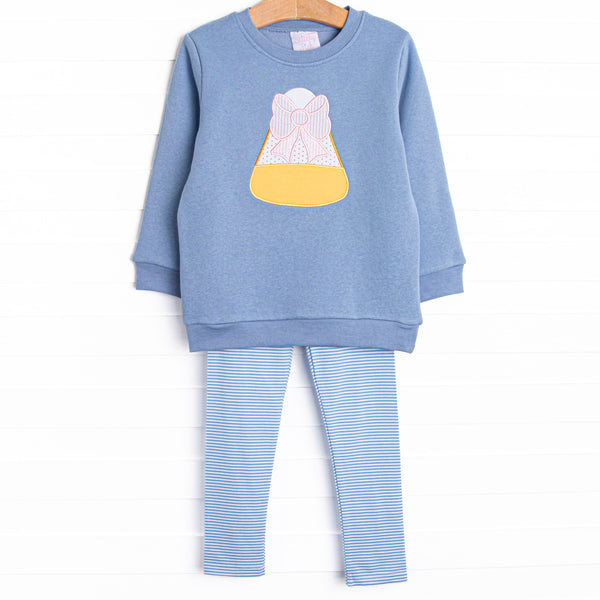 Candy Corn Cutie Applique Legging Set, Blue Fleece