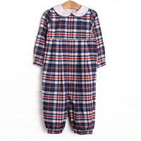 This romper features a navy and red plaid fabric, a Peter Pan collar, and long sleeves.