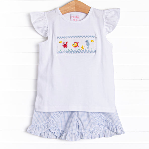 Coral Reef Commotion Smocked Ruffle Short Set, Blue