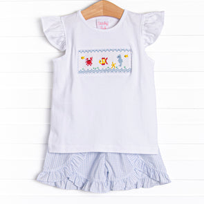 Coral Reef Commotion Smocked Ruffle Short Set, Blue
