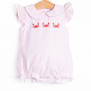 Crab Walk Cutie Embroidered Bubble, Pink Seersucker