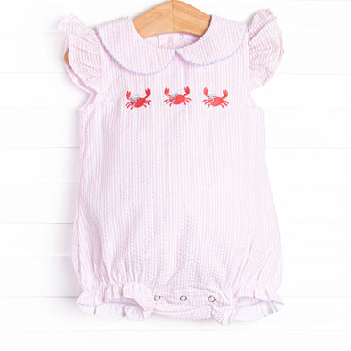 Crab Walk Cutie Embroidered Bubble, Pink Seersucker