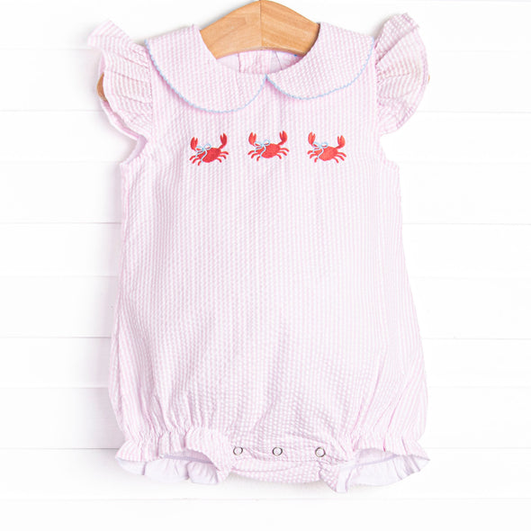 Crab Walk Cutie Embroidered Bubble, Pink Seersucker