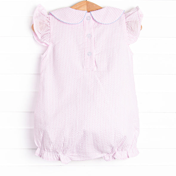 Crab Walk Cutie Embroidered Bubble, Pink Seersucker