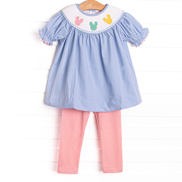 Multicolored Mouse Smocked Legging Set, Blue Gingham