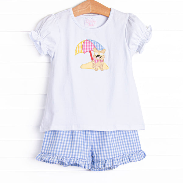 Corgi on the Coast Applique Ruffle Short Set, Blue