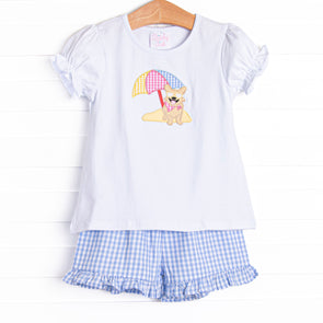 Corgi on the Coast Applique Ruffle Short Set, Blue