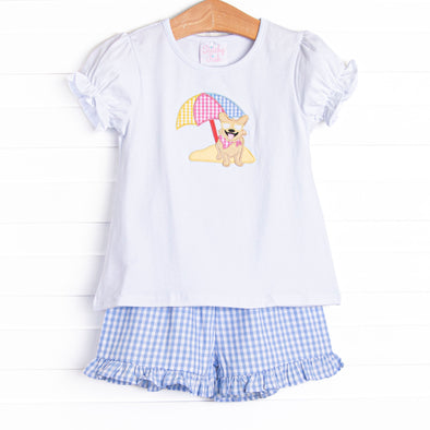 Corgi on the Coast Applique Ruffle Short Set, Blue