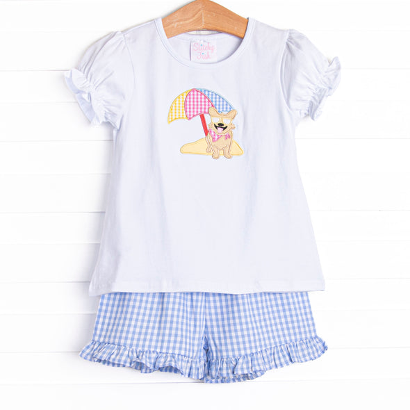 Corgi on the Coast Applique Ruffle Short Set, Blue