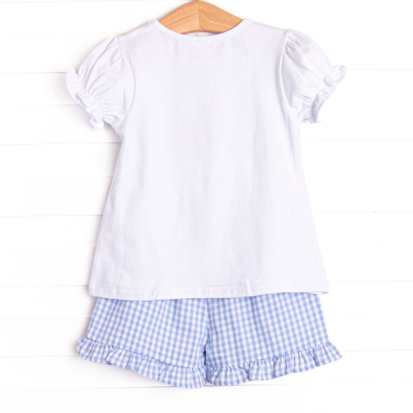Corgi on the Coast Applique Ruffle Short Set, Blue