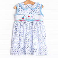 Sailboat Swarm Smocked Dress, Blue