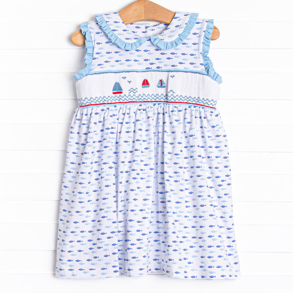 Sailboat Swarm Smocked Dress, Blue