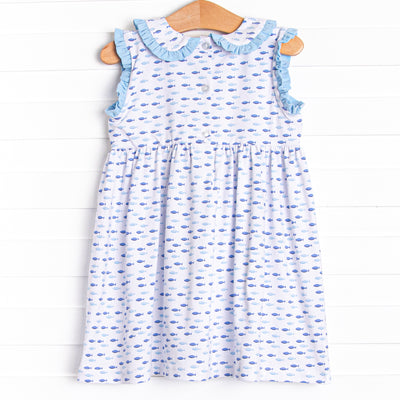 Sailboat Swarm Smocked Dress, Blue