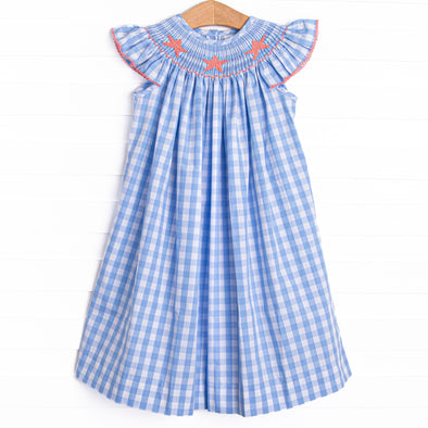 Seaside Stars Smocked Bishop Dress, Blue Check