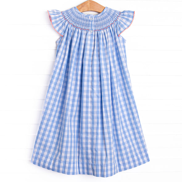 Seaside Stars Smocked Bishop Dress, Blue Check