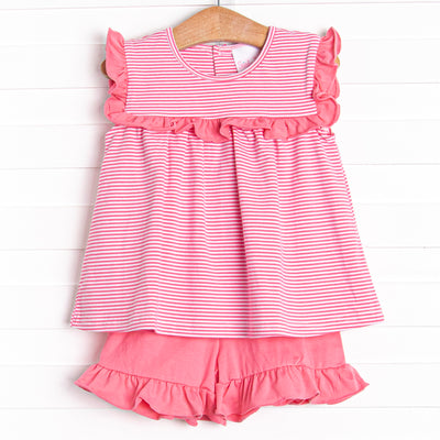 Bonnie Ruffle Short Set, Medium Pink Stripe