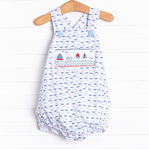 Sailboat Swarm Smocked Sunsuit, Blue