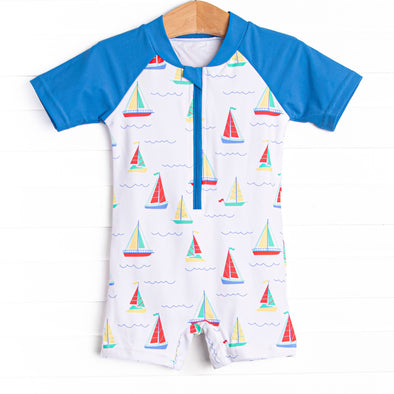 Boat Day Breeze One Piece Rash Guard, Blue